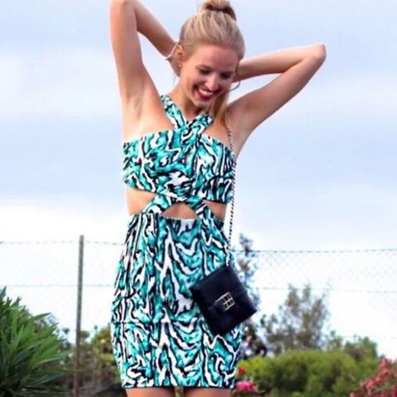 Zara Collection Size S Cutout Halter‎ Strappy Mini Dress Green Black Tropical - Picture 1 of 9